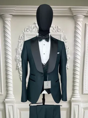 Single Button Three Piece Mens Suit with contrasting blue velvet lapel, matching bow tie and Black Pants