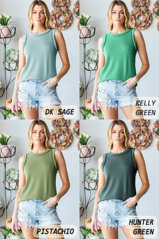 SLEEVELESS SOLID URBAN RIBBED TOP: DK SAGE