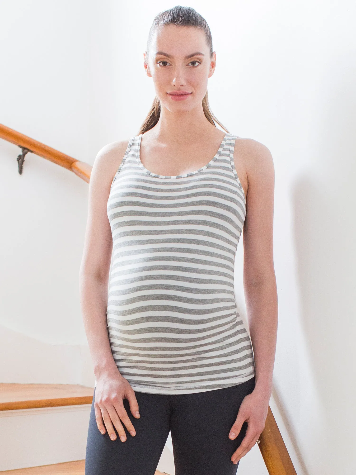 SOFT STRETCH MATERNITY TANK, LIGHT GREY STRIPES