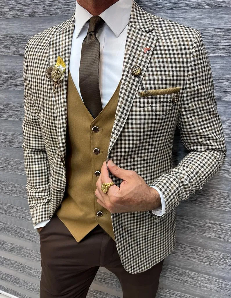 Sorento Brown Slim Fit Notch Lapel Plaid Suit