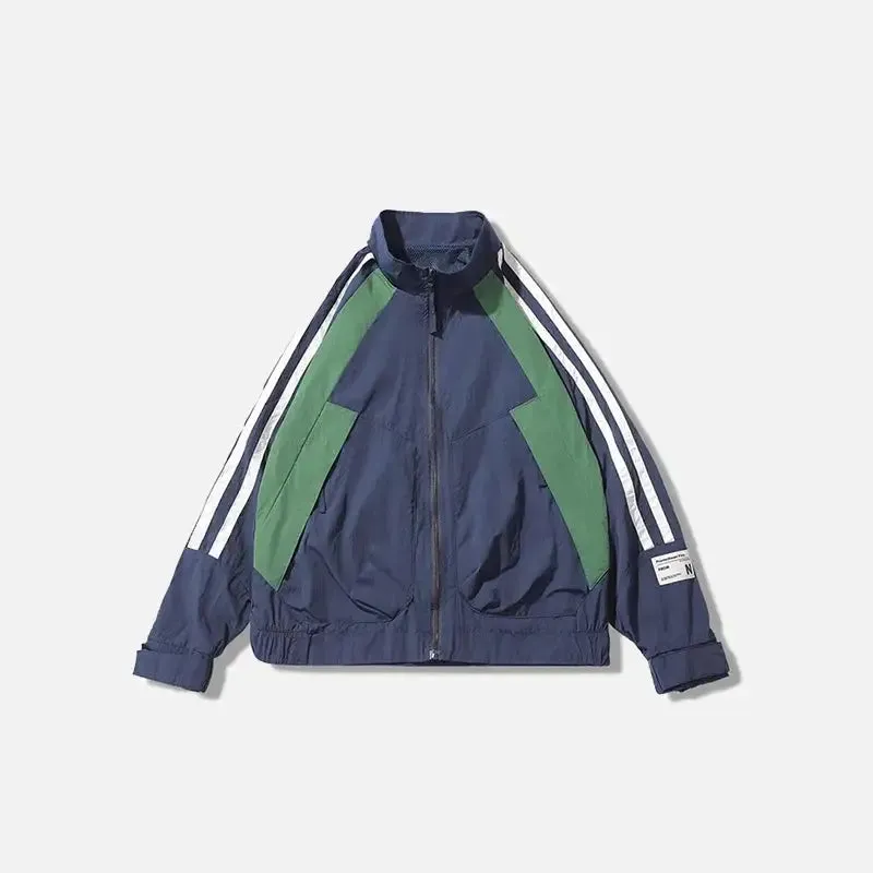 Sporty Retro Loose-Fit Y2K Windbreaker with Stand-Up Collar