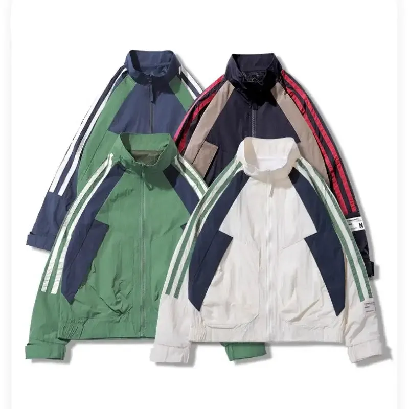 Sporty Retro Loose-Fit Y2K Windbreaker with Stand-Up Collar