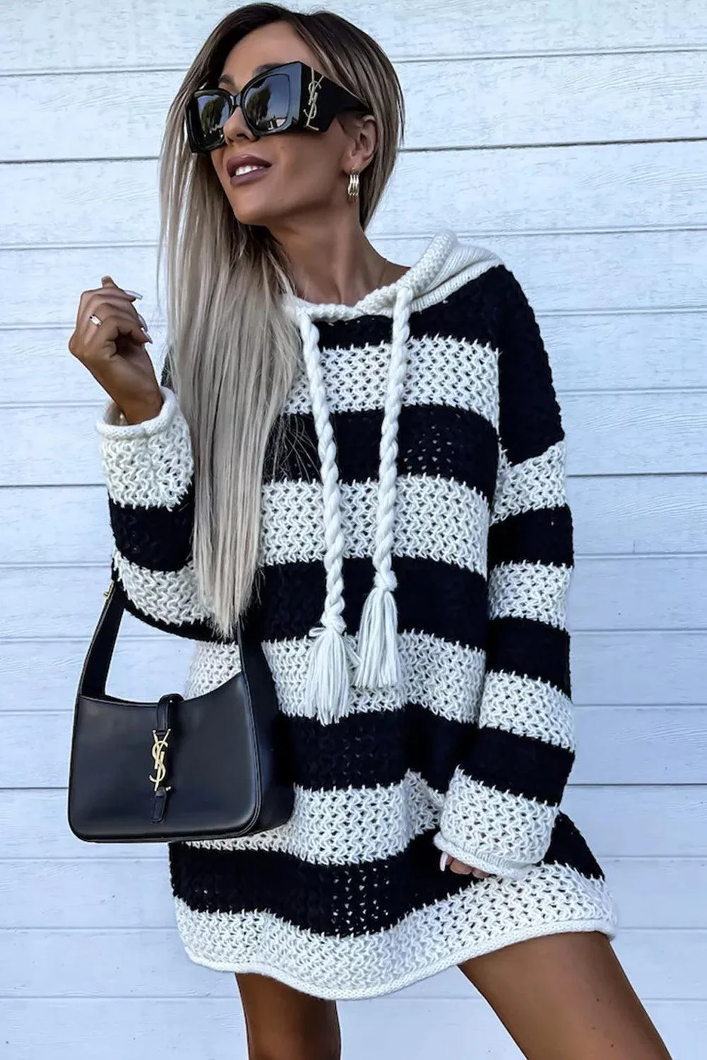 Striped Braided Tassel Hoodie Dress