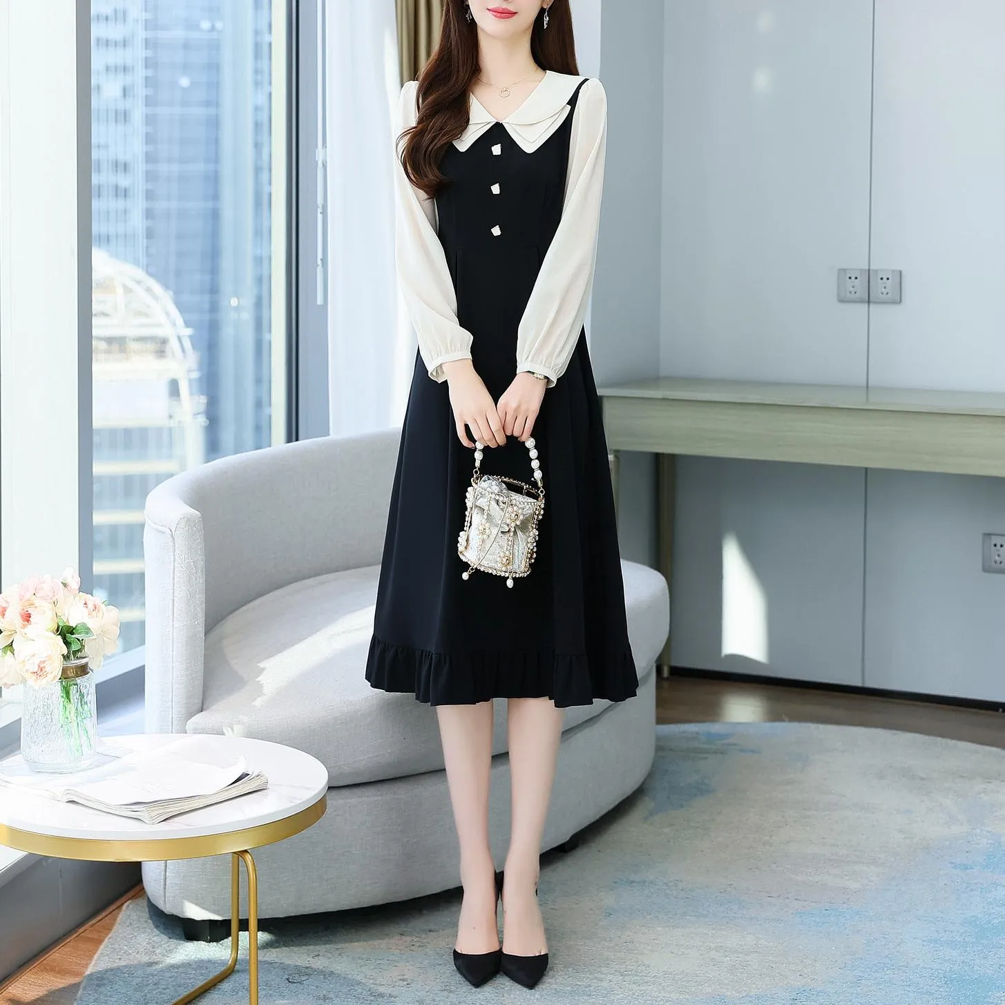 Stylish Faux Two-Piece T-Shirt T-Shirt Dress with Patchwork Design