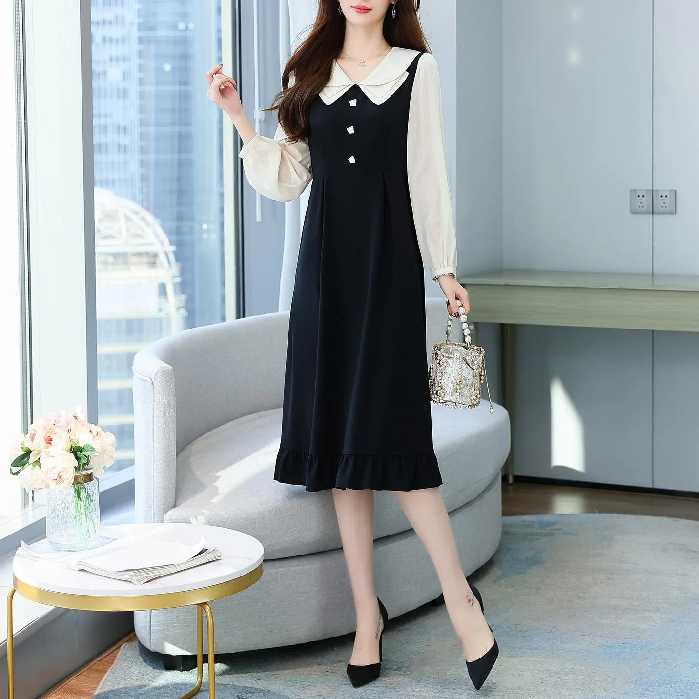 Stylish Faux Two-Piece T-Shirt T-Shirt Dress with Patchwork Design