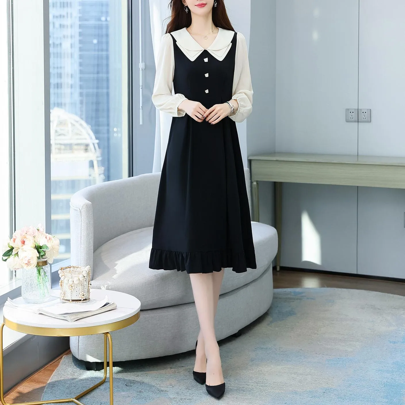 Stylish Faux Two-Piece T-Shirt T-Shirt Dress with Patchwork Design