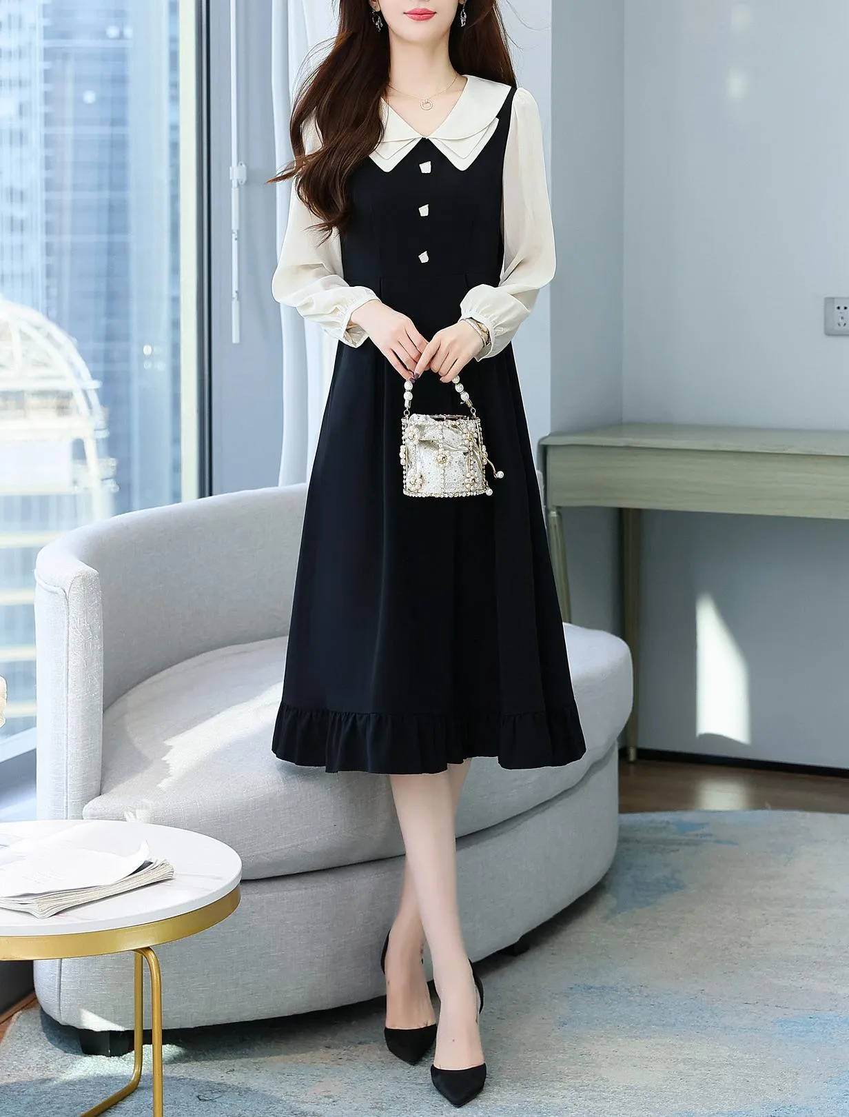 Stylish Faux Two-Piece T-Shirt T-Shirt Dress with Patchwork Design