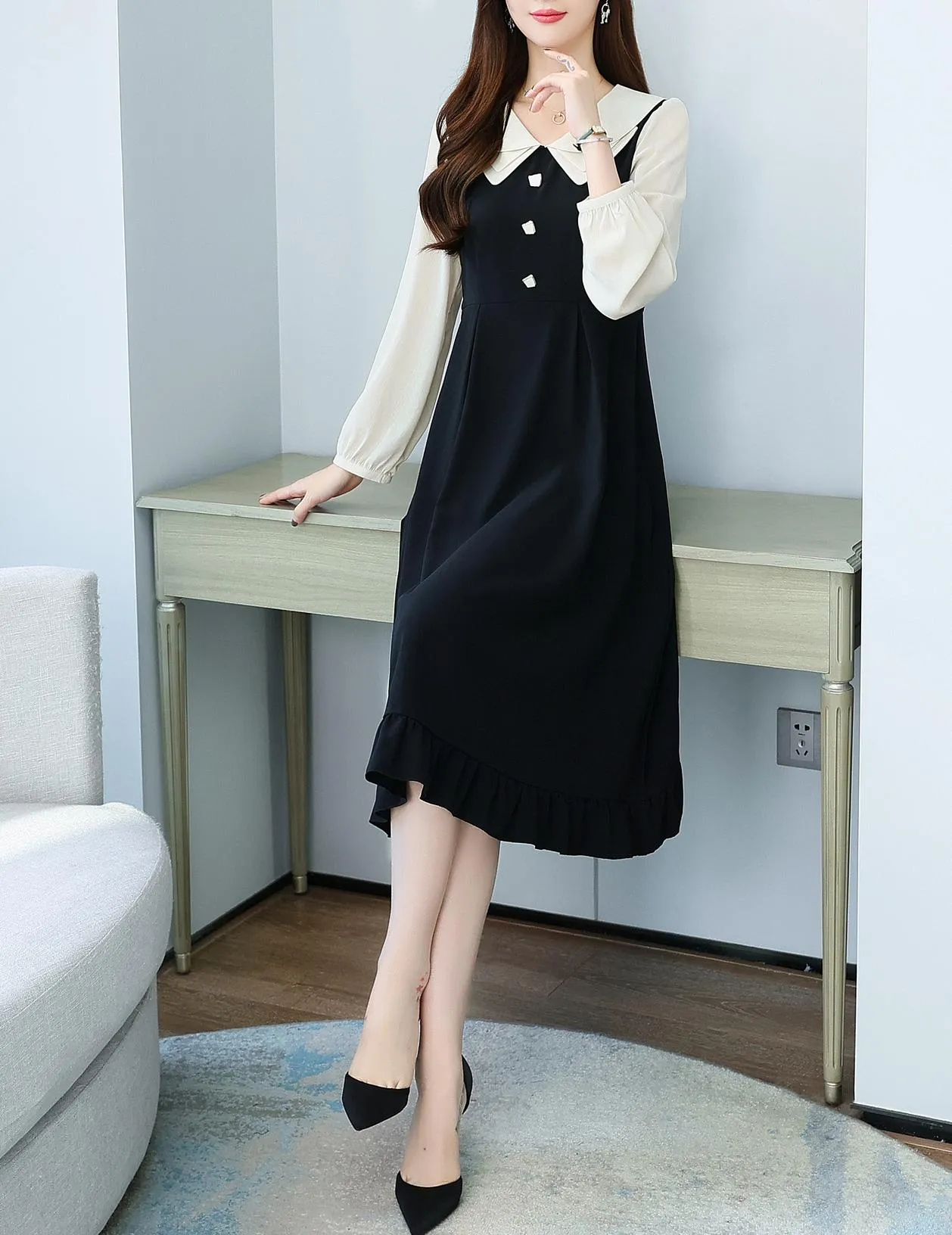 Stylish Faux Two-Piece T-Shirt T-Shirt Dress with Patchwork Design