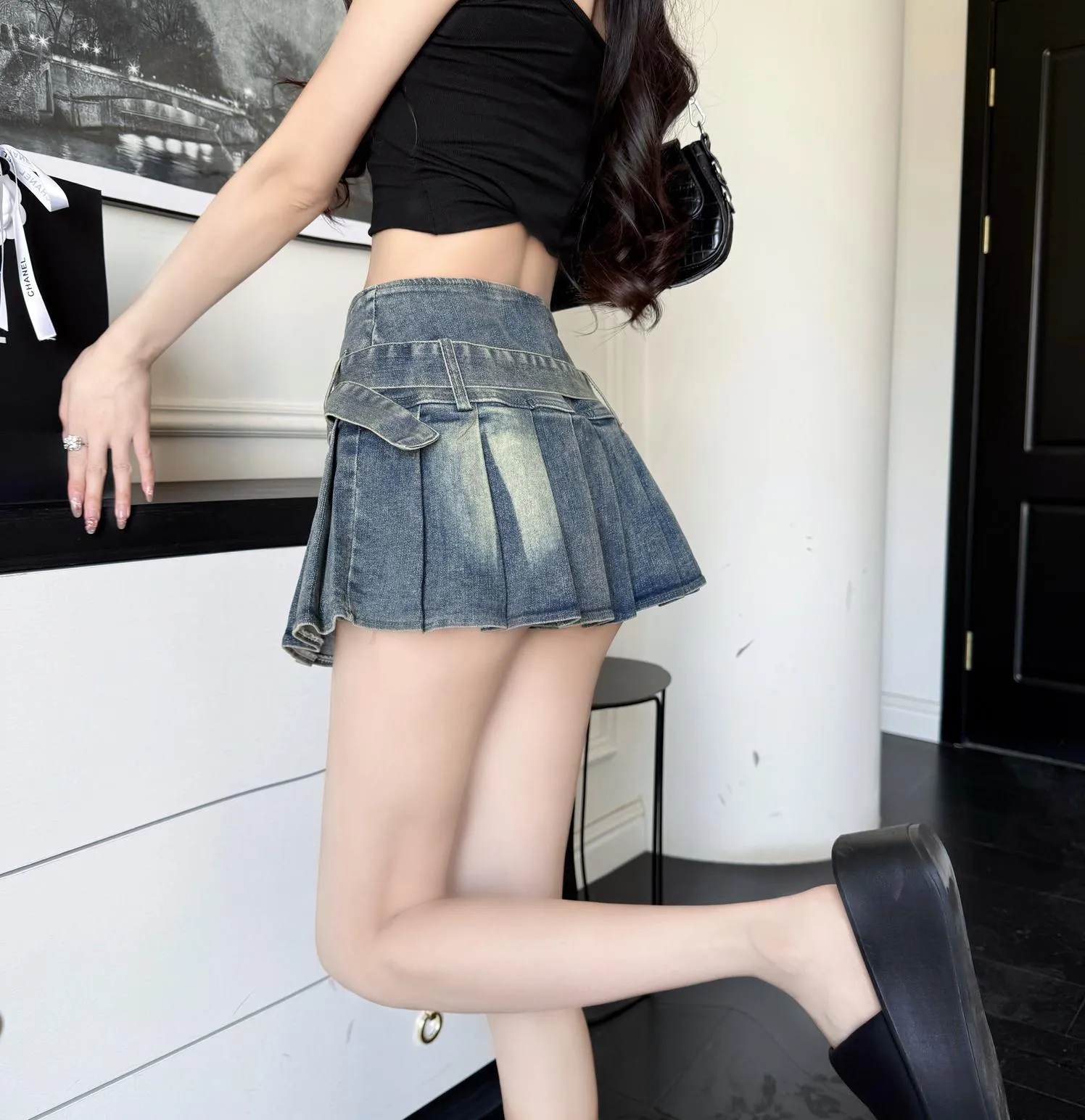 Stylish High-waist Denim Pleat Skirt for Women