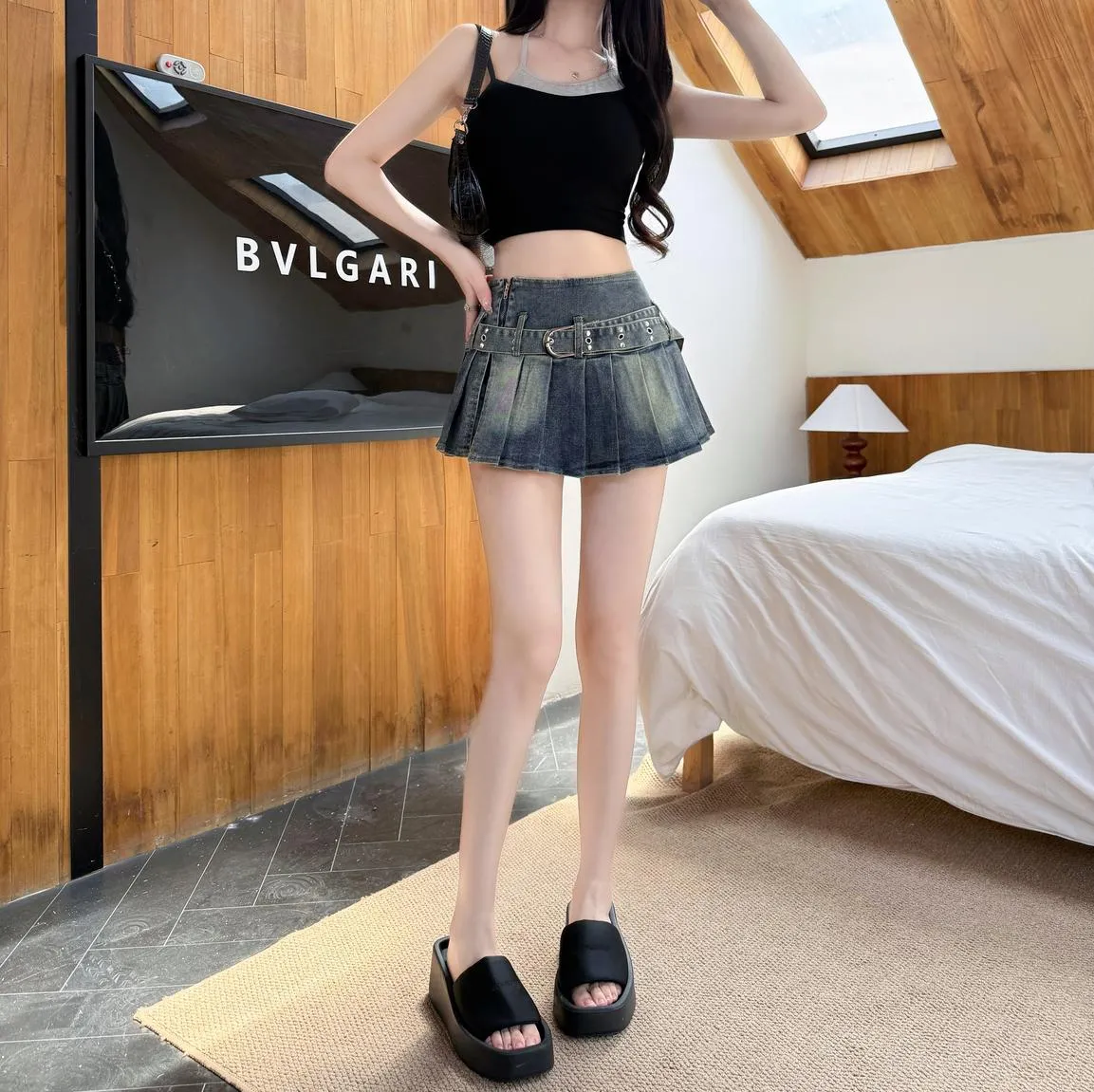 Stylish High-waist Denim Pleat Skirt for Women