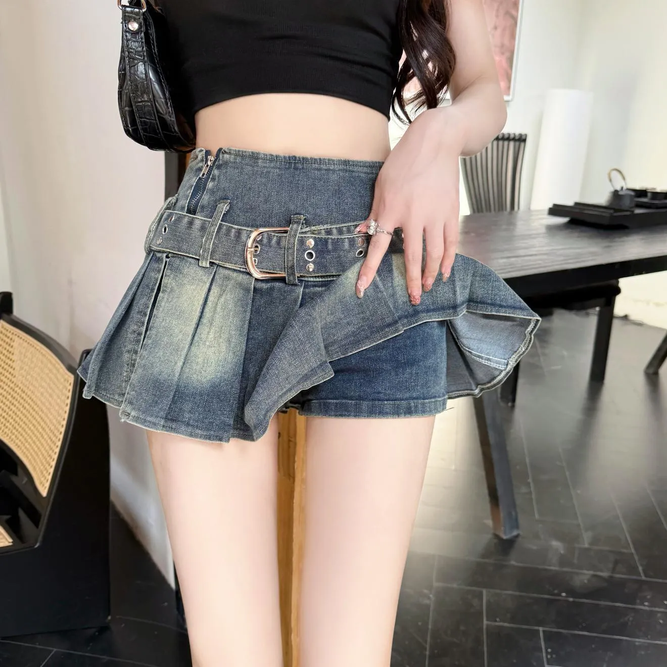 Stylish High-waist Denim Pleat Skirt for Women