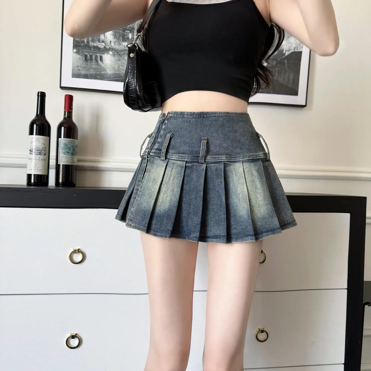 Stylish High-waist Denim Pleat Skirt for Women