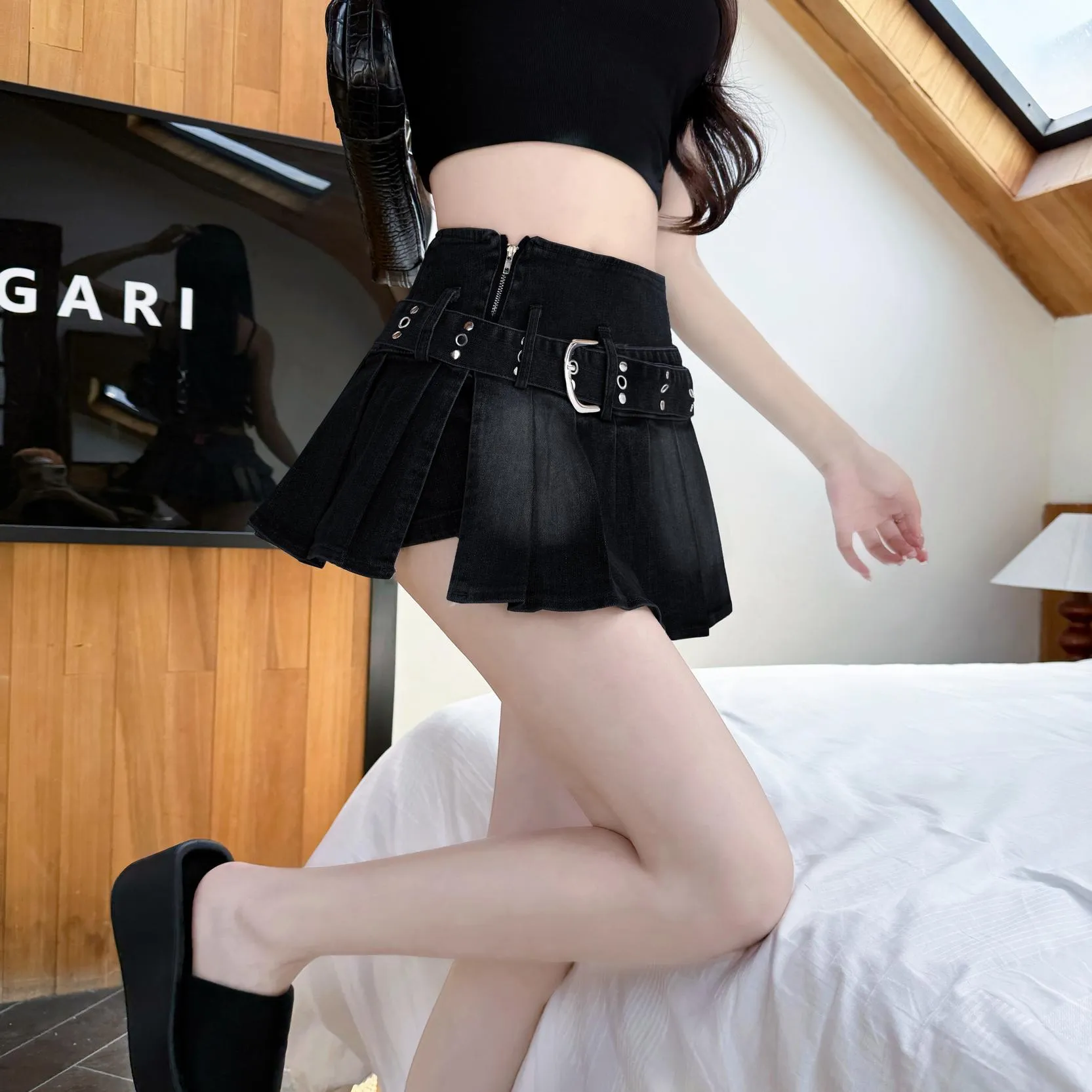 Stylish High-waist Denim Pleat Skirt for Women
