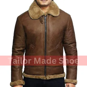 Tailor Made Men's Genuine Brown Sheepskin Leather Jacket Flying Pilot Jackets