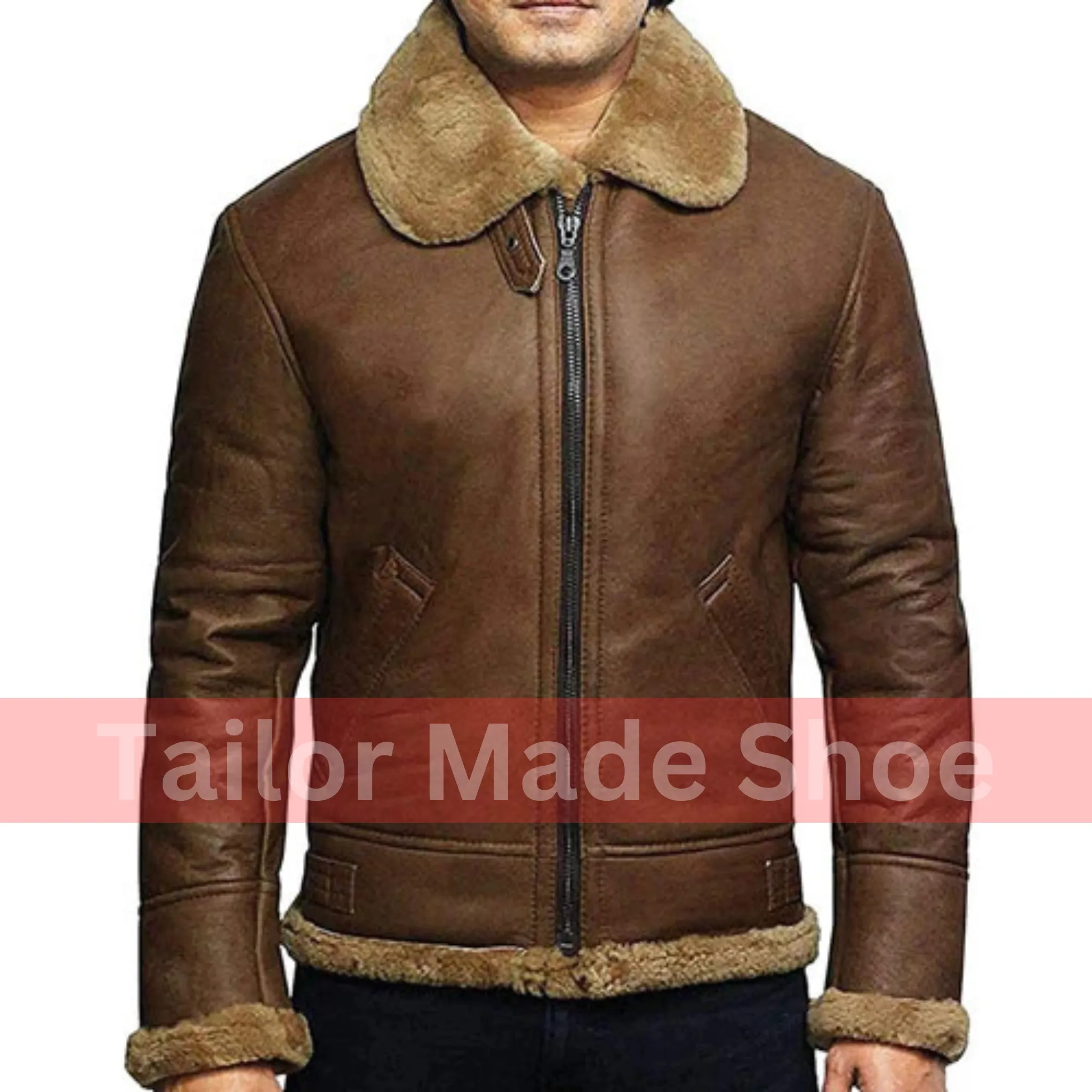 Tailor Made Men's Genuine Brown Sheepskin Leather Jacket Flying Pilot Jackets
