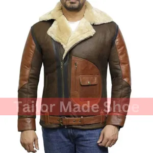 Tailor Made Men's Genuine Two Tone Sheepskin Leather Classic Belted Style Coat Jacket