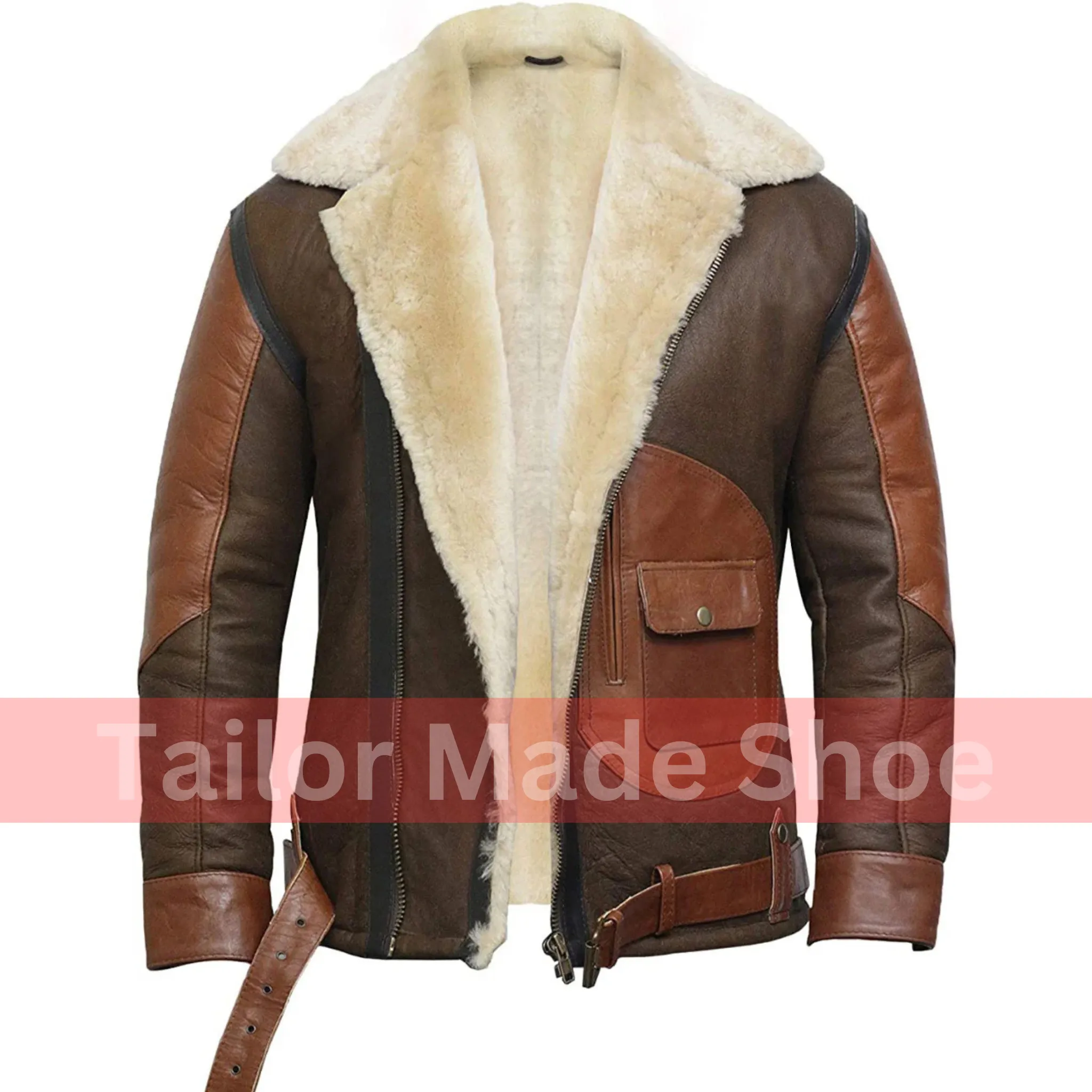 Tailor Made Men's Genuine Two Tone Sheepskin Leather Classic Belted Style Coat Jacket