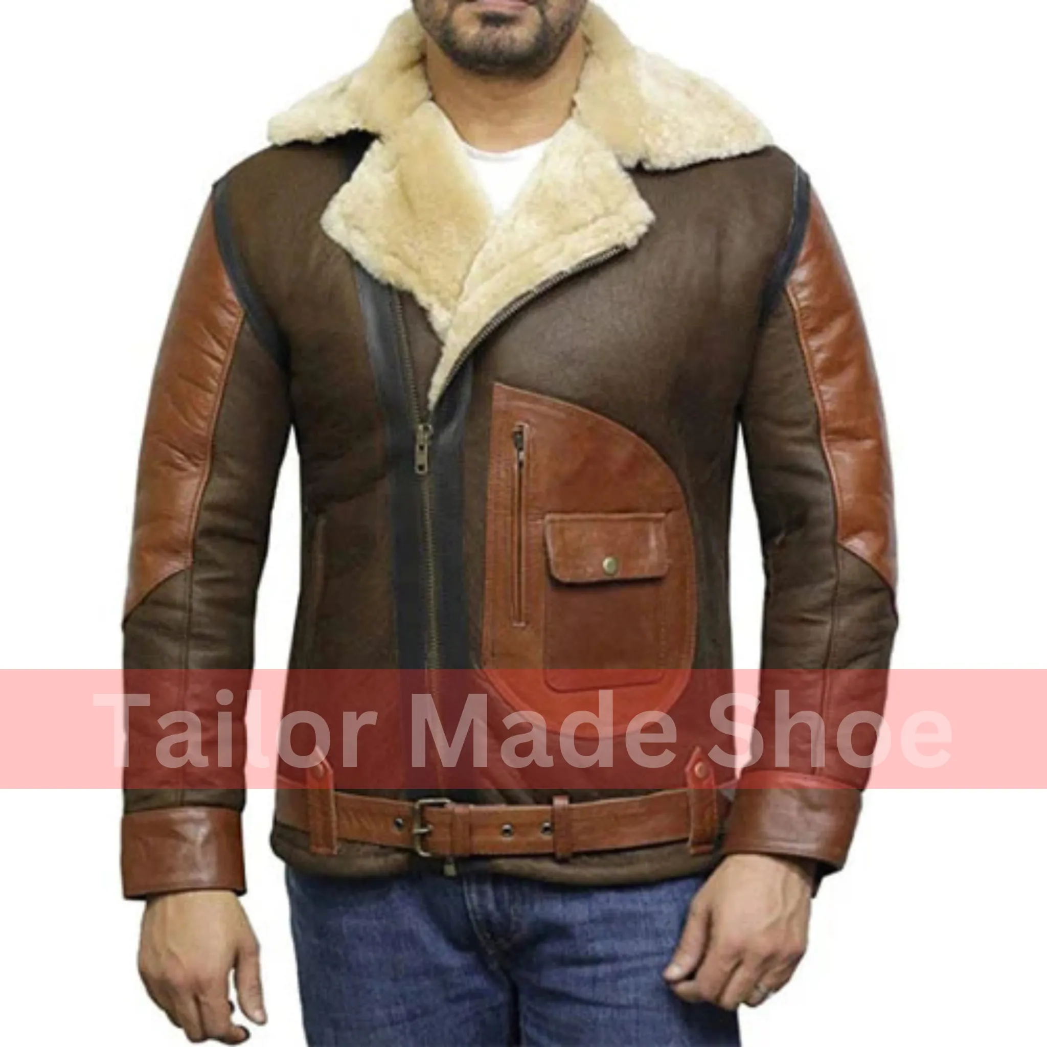 Tailor Made Men's Genuine Two Tone Sheepskin Leather Classic Belted Style Coat Jacket