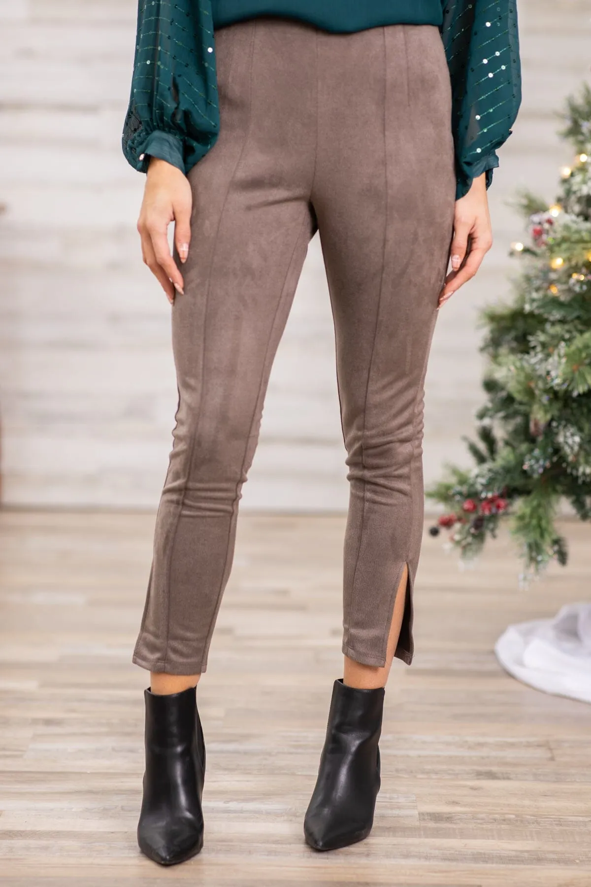 Taupe Faux Suede Side Zip Pants