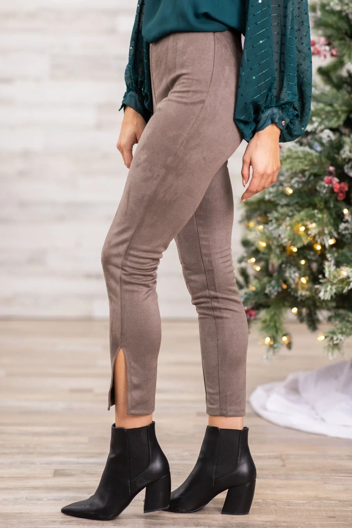 Taupe Faux Suede Side Zip Pants