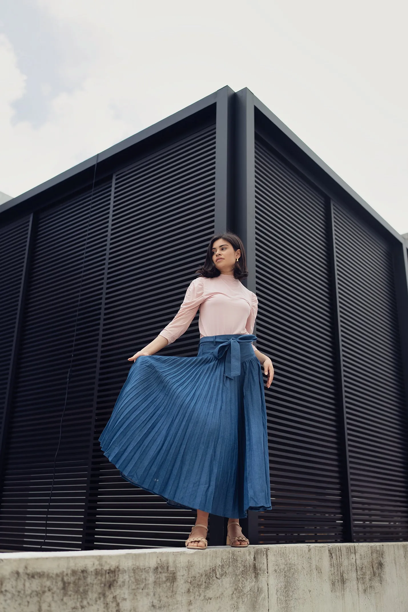 TENCEL DROP WAIST PLEATED SKIRT