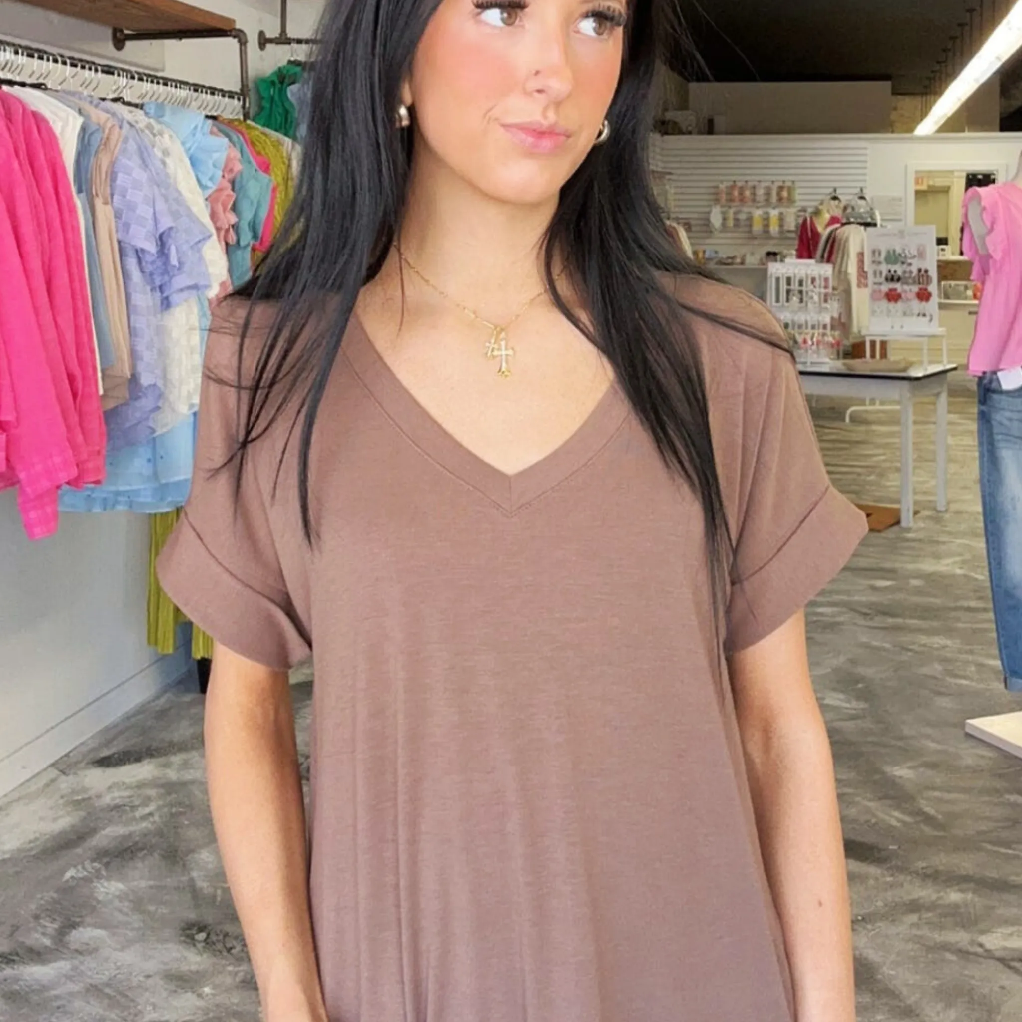 The Madelyn V-Neck Short Sleeve Solid T-Shirt Dress