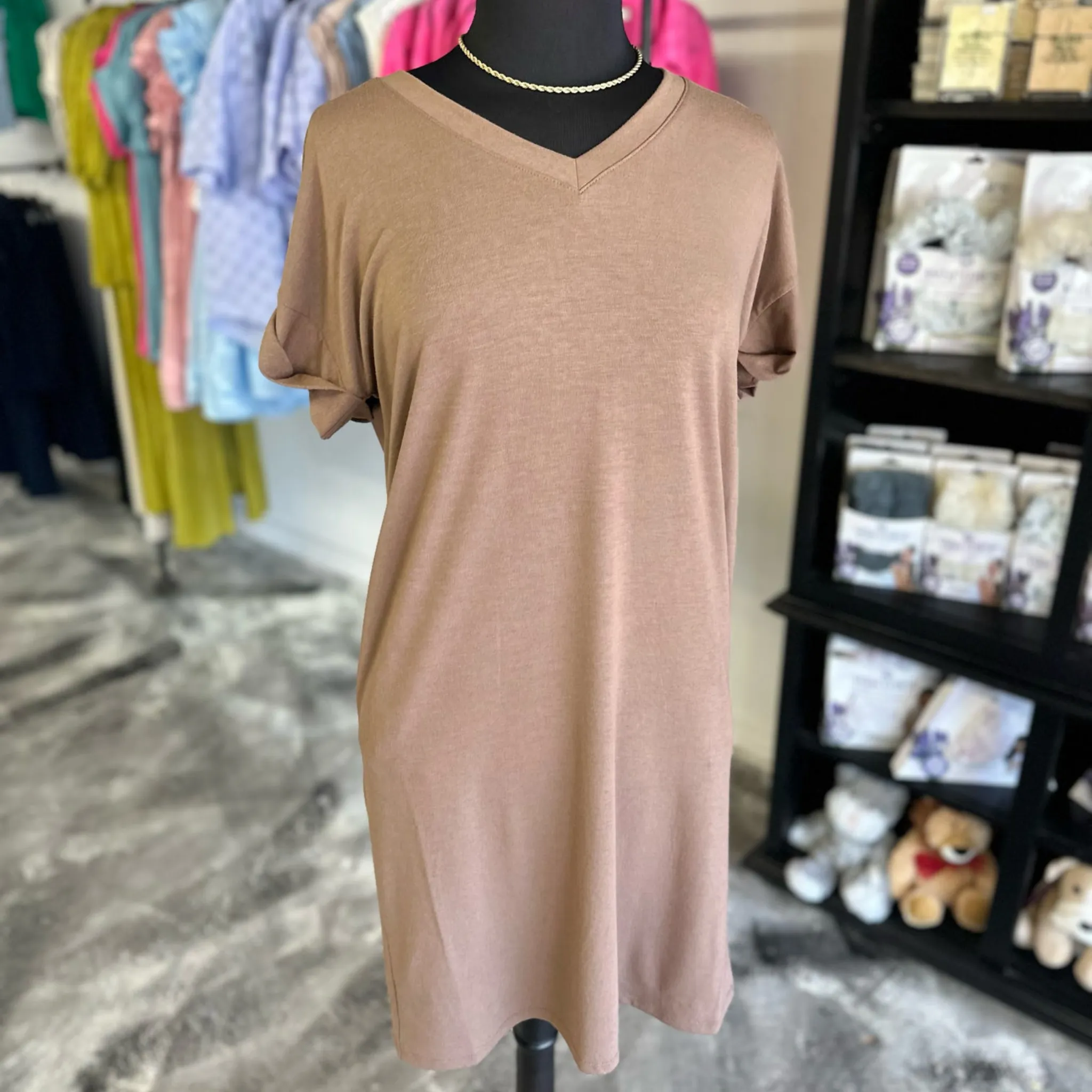 The Madelyn V-Neck Short Sleeve Solid T-Shirt Dress