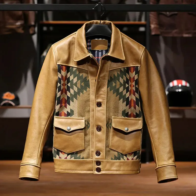 Trendy Tan Printed Leather Biker Jacket