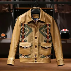 Trendy Tan Printed Leather Biker Jacket