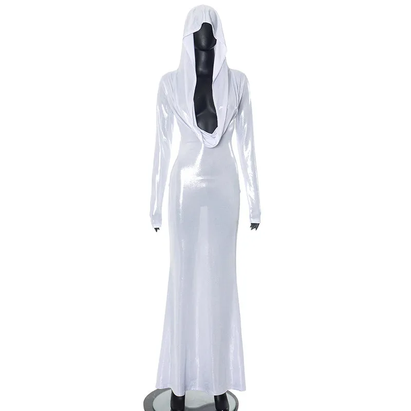 Trendy White Hooded Swing Collar Slim Fit Long Dress
