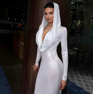Trendy White Hooded Swing Collar Slim Fit Long Dress
