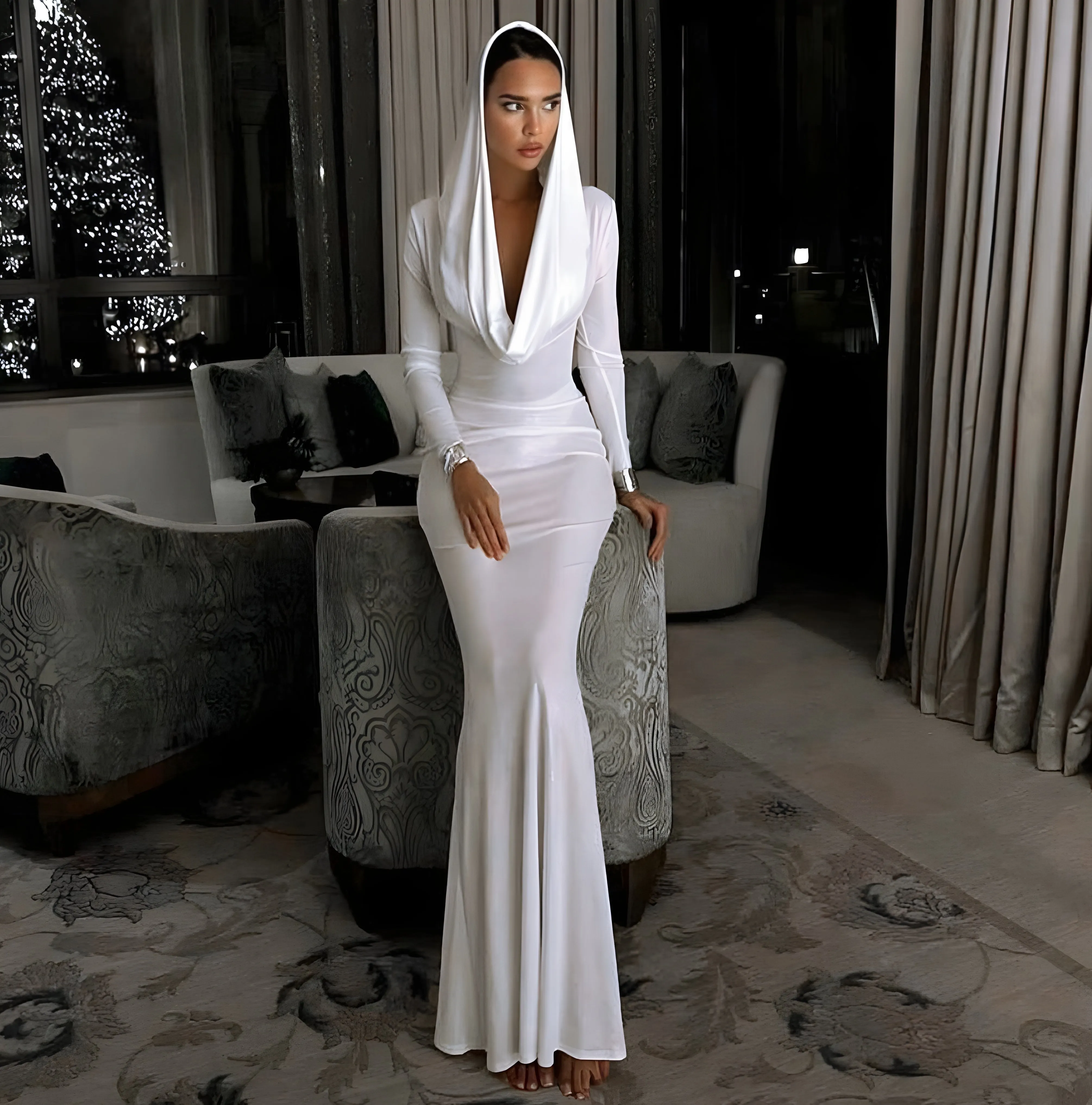 Trendy White Hooded Swing Collar Slim Fit Long Dress