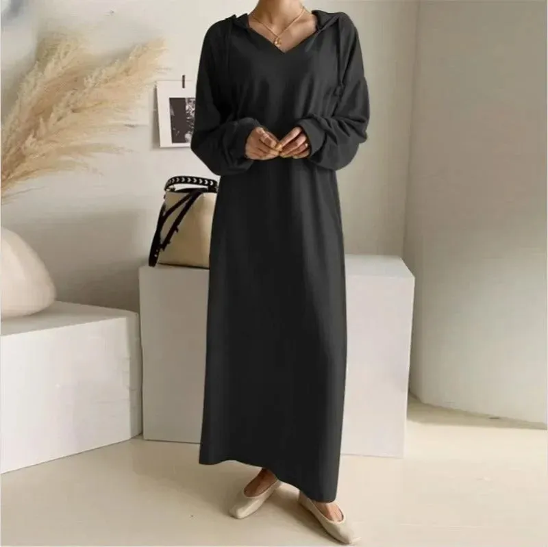 V Neck Drawstring Hooded Dress