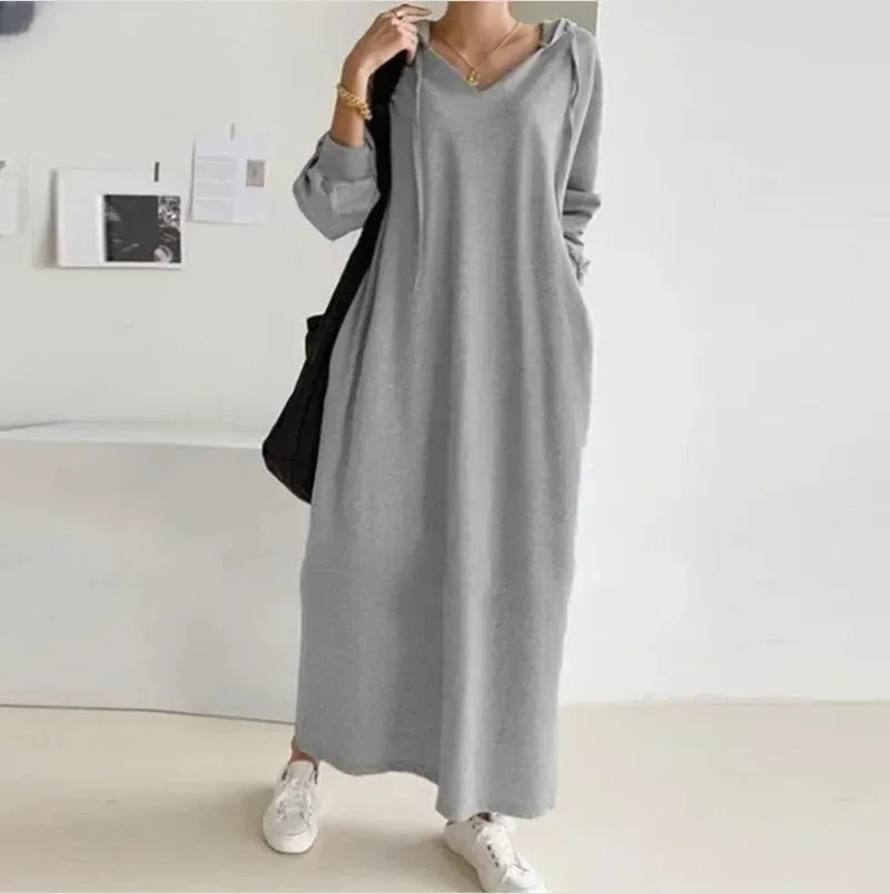V Neck Drawstring Hooded Dress