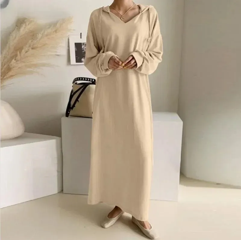 V Neck Drawstring Hooded Dress