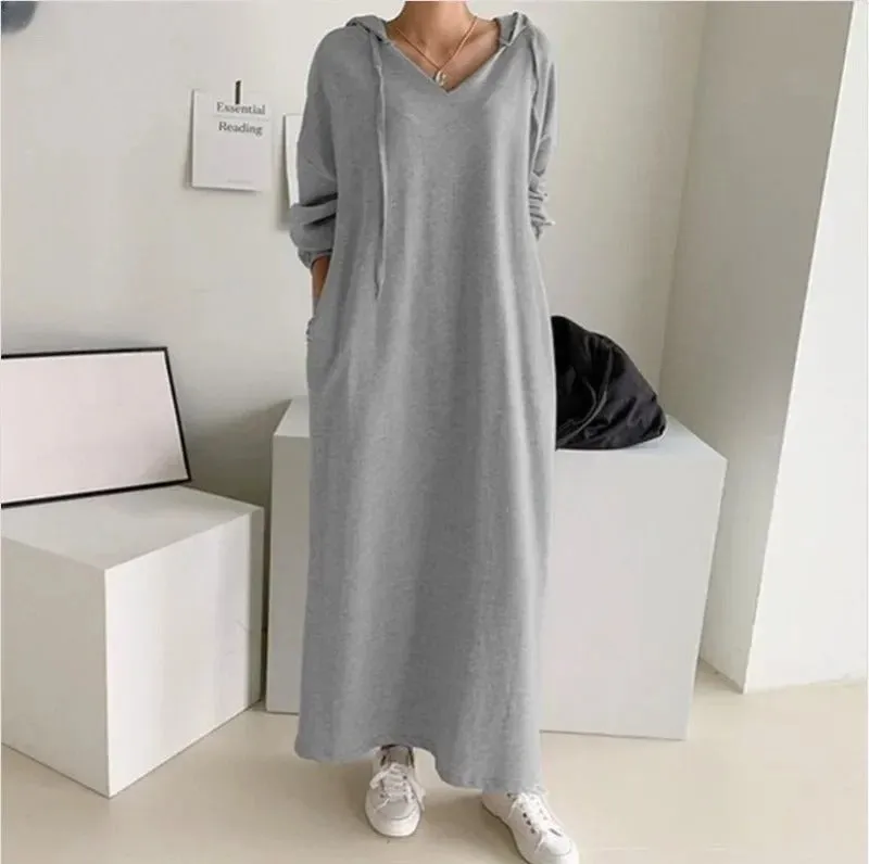 V Neck Drawstring Hooded Dress