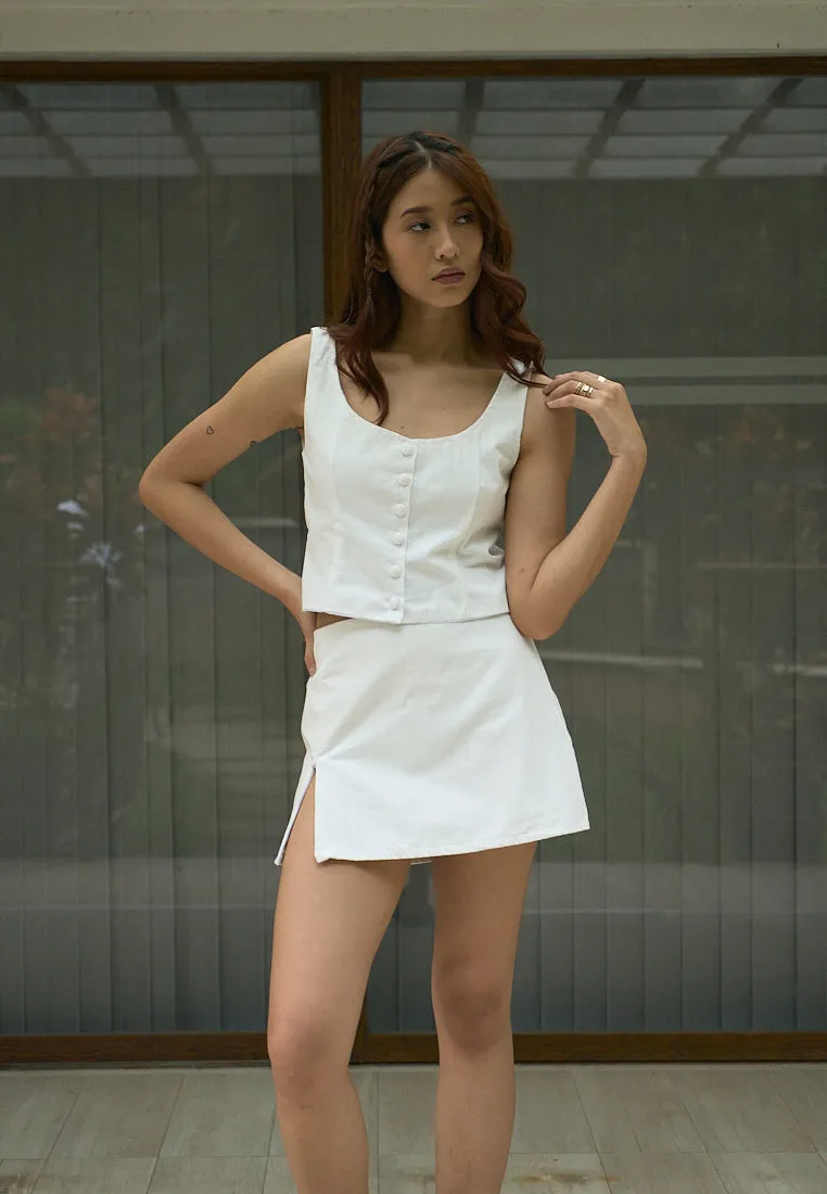 Vanaia In Oat Elastic Back Waist Side Zipper Mini Skirt