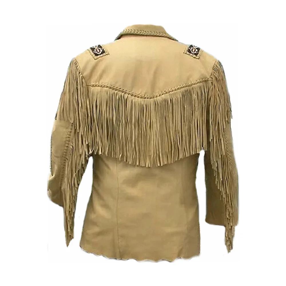 Western Beige Leather Fringe Beaded Jacket for Men MWJ308