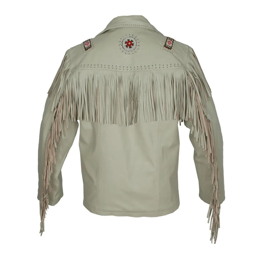 Western Beige Leather Fringe Beaded Jacket for Men MWJ312