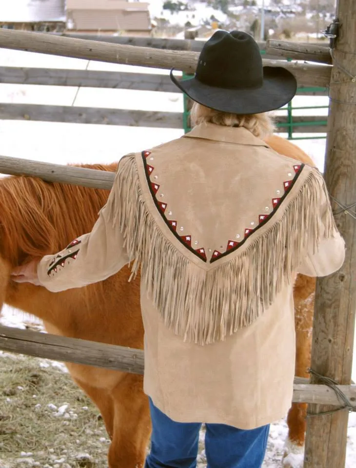 Western Beige Suede Leather Fringe Beaded Jacket for Men MWJ336