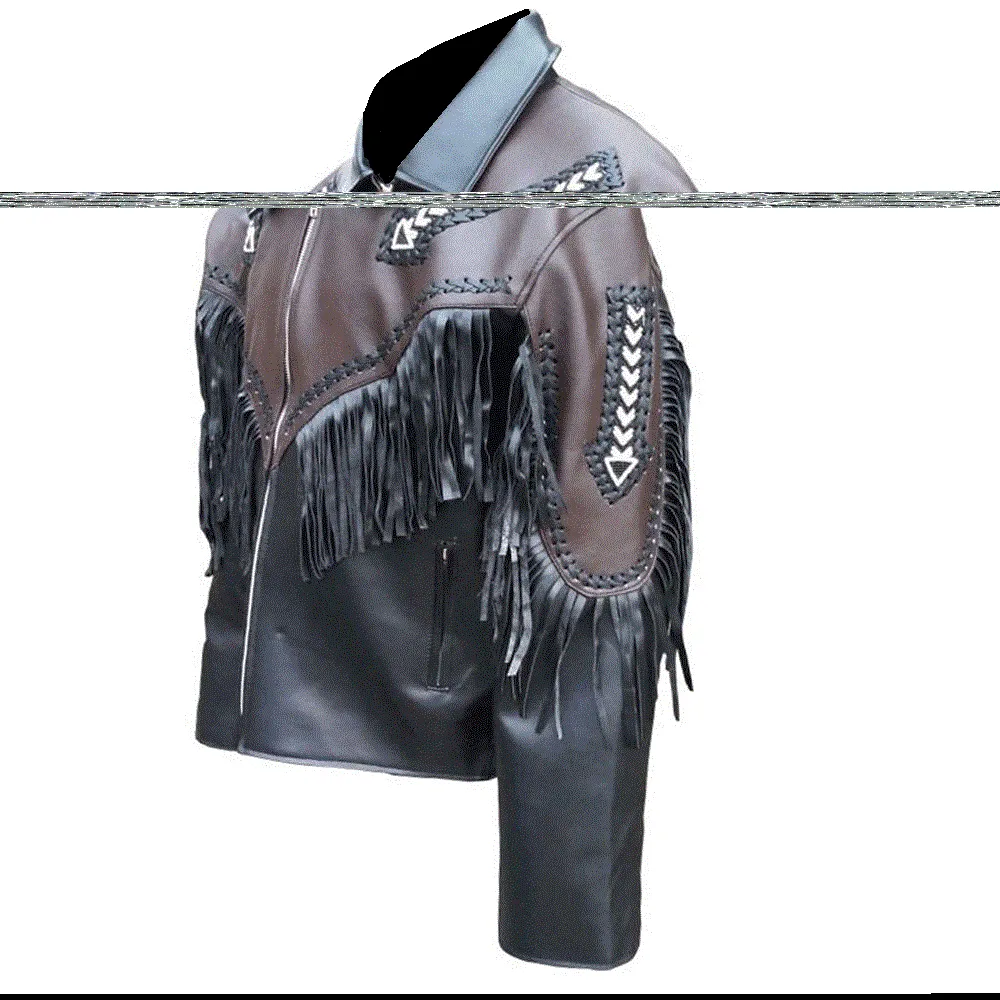 Western Black Leather Fringe Arrow Beaded Jacket for Men MWJ531
