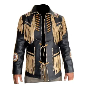 Western Black Leather Fringe Beaded Jacket for Men MWJ518