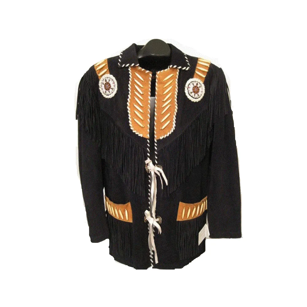 Western Black Suede Leather Fringe Beaded Jacket for Men MWJ520