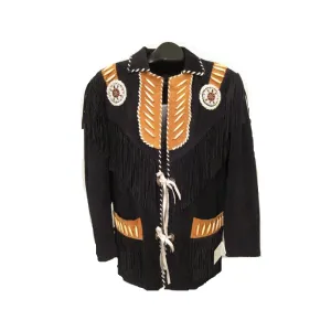 Western Black Suede Leather Fringe Beaded Jacket for Men MWJ520