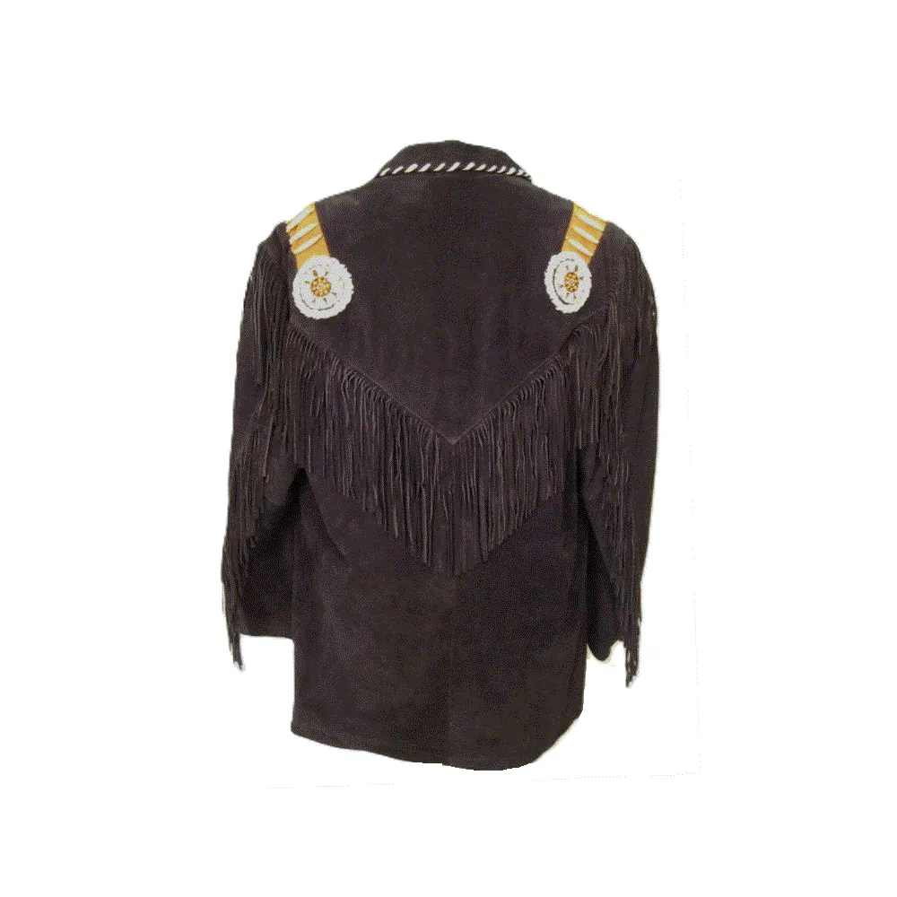 Western Black Suede Leather Fringe Beaded Jacket for Men MWJ520
