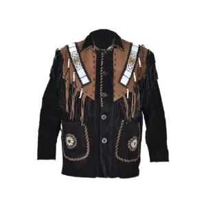 Western Black Suede Leather Fringe Beaded Jacket for Men MWJ522