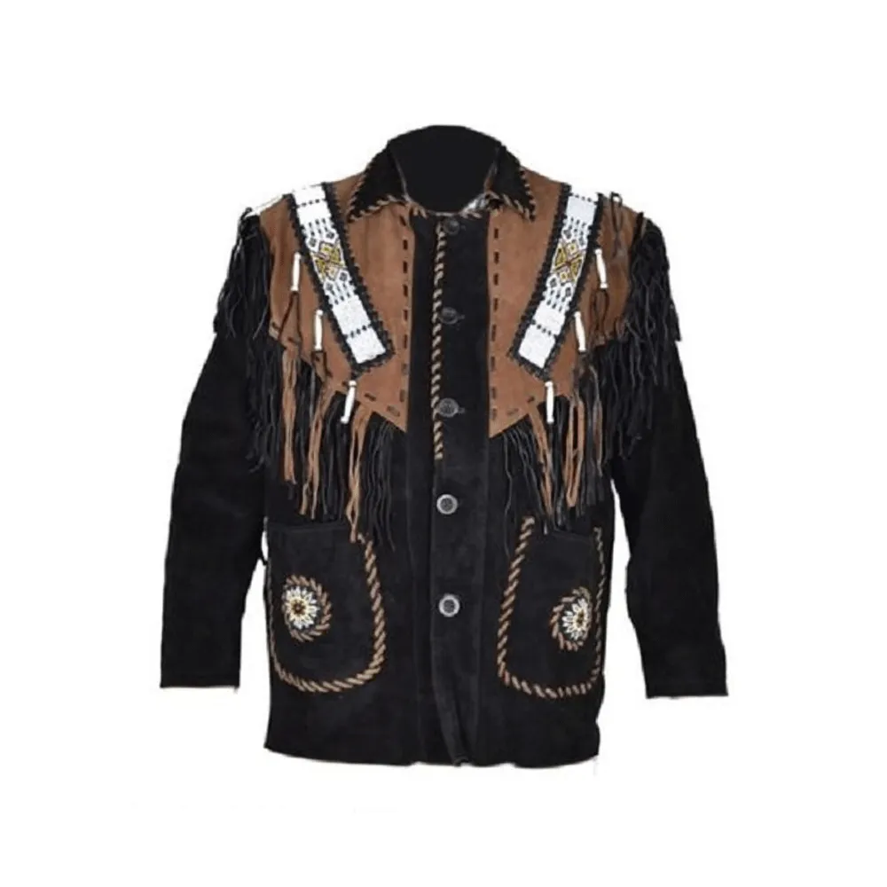 Western Black Suede Leather Fringe Beaded Jacket for Men MWJ522