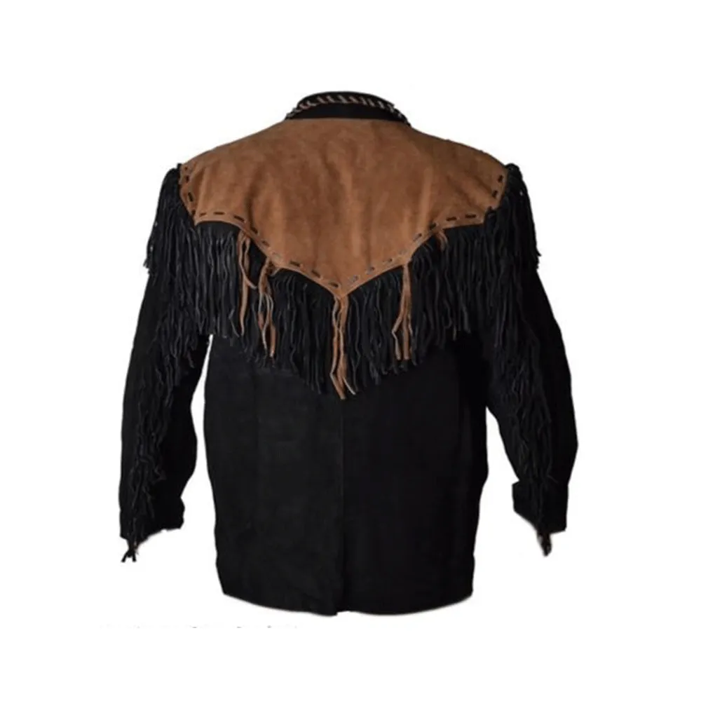Western Black Suede Leather Fringe Beaded Jacket for Men MWJ522