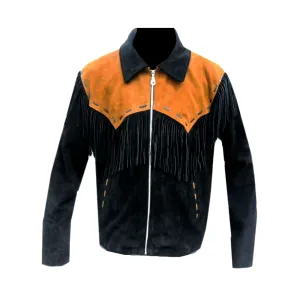 Western Black Suede Leather Fringe Jacket for Men MWJ538