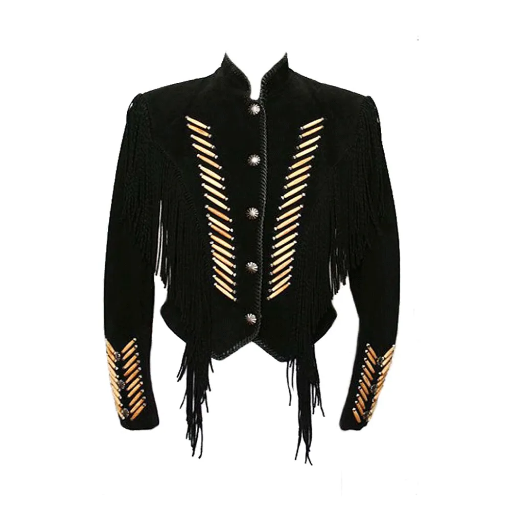 Western Black Suede Leather Fringe Jacket for Men MWJ544